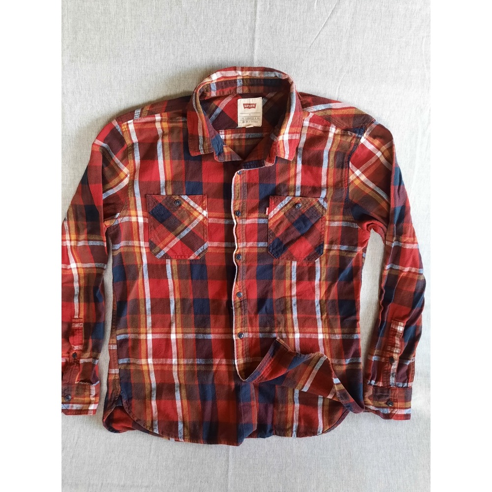 Levi's Mens Large Flannel Shirt Red Plaid Long Sleeve Pearl Button Up Westerns